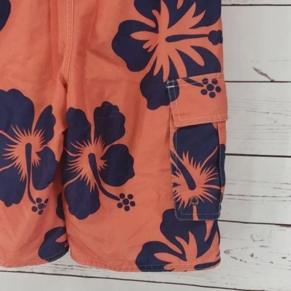Red Camel Boys Orange Blue Floral‎ Hawaiian Swim Trunk Shorts Size Medium